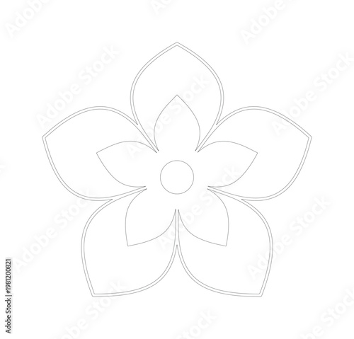 シンプルでエレガントな五枚花弁の線画、ミニマリストなデザイン要素、白黒のベクターイラスト、ロゴやアイコン作成に最適な花のシルエット