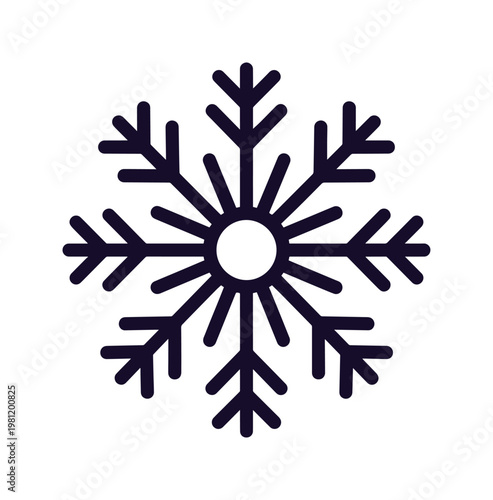 ミニマルな雪の結晶アイコン、冬の季節感を表現するシンプルなベクターイラスト、ホリデーデザインや気象情報に最適な単色の雪マーク