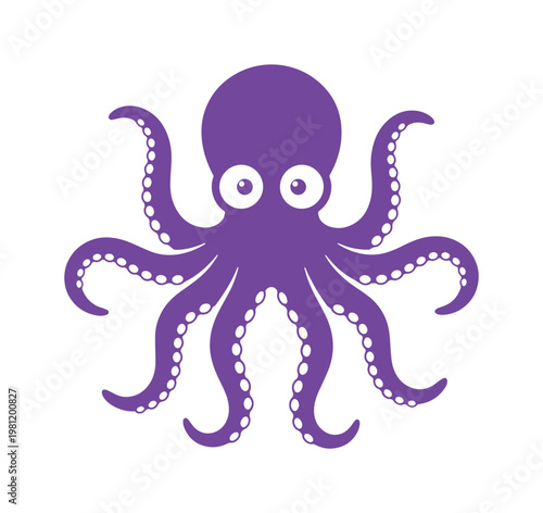 紫色のタコ、海の生き物のシンプルなベクターイラスト。水生生物、海洋動物のアイコンデザイン、子供向け教育素材、水族館のシンボルに最適。
