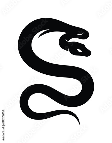 力強くうねる黒い蛇のベクターイラスト、神秘的で威厳のある動物のエンブレム、タトゥーデザインやロゴに最適な爬虫類のシルエット、S字形に絡み合うヘビのシンボル