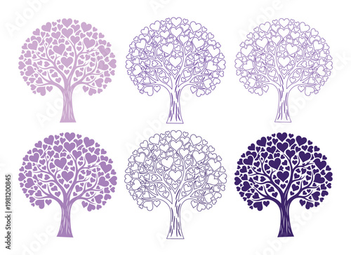 愛とロマンスを象徴するハートの葉を持つ木々、6種類のデザインセット。結婚式、バレンタインデー、記念日などのイベントに最適なロマンチックなベクターイラスト素材。