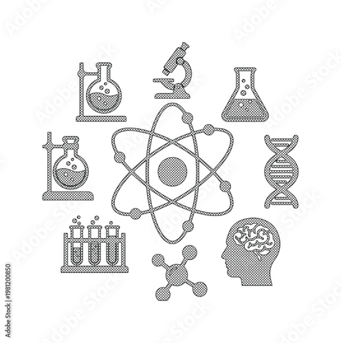 科学と研究をテーマにしたモノクロのベクターアイコンセット。原子、DNA、顕微鏡、試験管、フラスコなど、実験室の機器と科学の概念を表現したシンプルなイラスト。