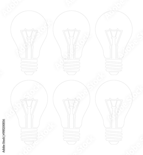 ミニマルな白黒線画の電球アイコンセット、6つの異なる電球イラスト、アイデアと創造性を象徴するシンプルなベクターグラフィック、ウェブデザインやプレゼンテーションに最適
