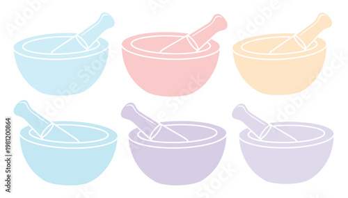 パステルカラーの乳鉢と乳棒のシンプルなベクターイラストセット、薬やハーブ、スパイスをすり潰すための道具、医療、料理、アロマセラピー用途に最適なグラフィック素材