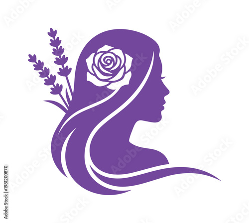 女性の横顔とラベンダー、バラのシルエットベクターイラスト。美容、健康、アロマテラピー、スパ、エステサロンのロゴやアイコンに最適な、エレガントで癒やしを感じさせるデザイン。
