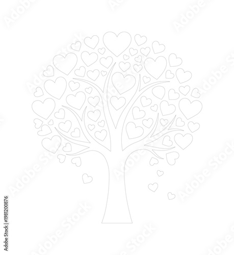 愛と生命の象徴、ハート型の葉が茂る木々。ロマンチックなデザイン、結婚式やバレンタインデーにぴったりのベクターイラスト素材。