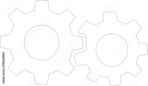 シンプルでモダンな歯車のベクターイラスト、2つの白いギアが連動するメカニカルなデザイン、ビジネスやテクノロジーの概念に最適なアイコン素材