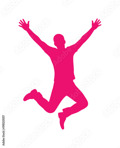 喜びと成功を表現する、躍動感あふれる男性のジャンプシルエット。情熱的なマゼンタピンクのベクターイラストレーション、ポジティブな感情や達成感を伝えるデザイン素材。