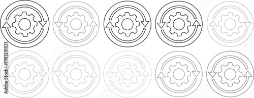 歯車と矢印の循環アイコンセット、ビジネスプロセスとシステム設定を示すシンプルな線画ベクターイラスト、ウェブサイトやアプリのUI/UXデザインに最適