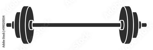 シンプルなバーベルのモノクロベクターイラスト、筋力トレーニングやフィットネス、健康的なライフスタイルを象徴するスポーツ用品のアイコン、ジムやエクササイズ関連デザインに最適なグラフィック素材