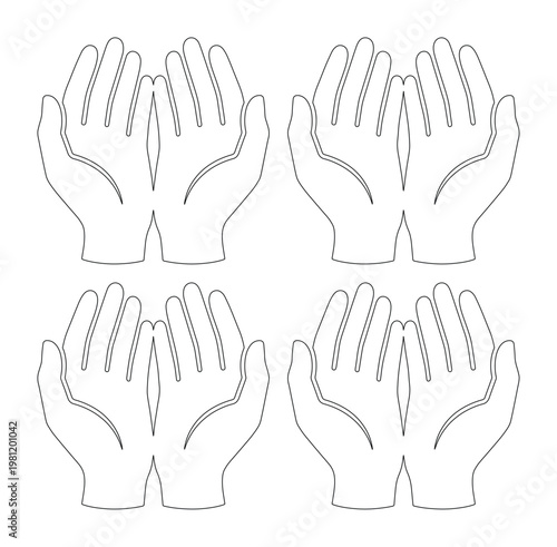 手のひら、祈りや施し、受け入れのジェスチャーを示すシンプルな線画ベクターイラストセット。白黒のミニマルなデザインで、宗教的、精神的なテーマや、寄付、支援、感謝の概念を表現するのに最適です。