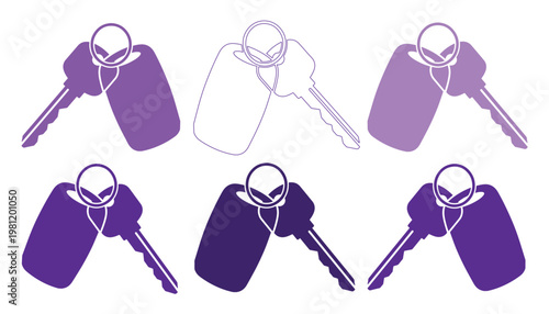 鍵とキーホルダーのシンプルでモダンなパープル系ベクターアイコンセット。セキュリティ、アクセス、不動産、自動車関連デザインに最適な鍵のイラスト素材。