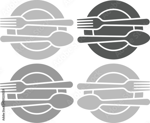 ミニマルな食器アイコンセット、食事やレストランのロゴに最適なフォークとスプーン、プレートのシンプルなベクターイラスト、モノクロームの食事関連デザイン素材