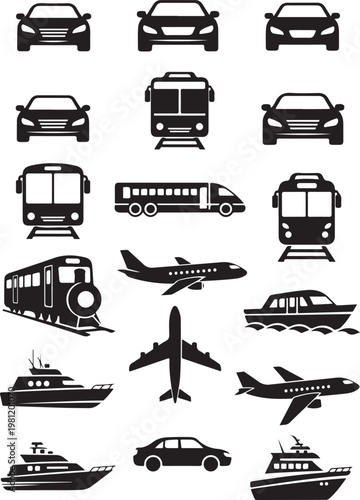 Transportation Icons Set, Cars, Buses, Trains, Airplanes and Boats Silhouette Collection.
