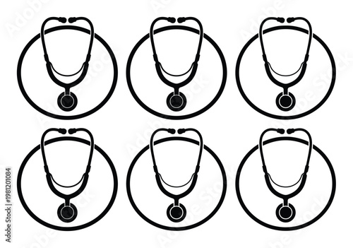 医療と健康のシンボル、聴診器のモノクロベクターアイコンセット。病院、クリニック、医療従事者向けのシンプルなデザイン素材。