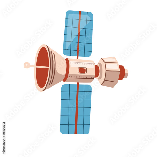 Spacecraft design featuring a satellite with solar panels and communication equipment for space exploration and research