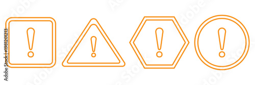 Exclamation outline icon set vector, warning symbols in square, triangle, hexagon and circle shapes, minimal line icons collection for alerts, notifications and UI interface design. High voltage hazar