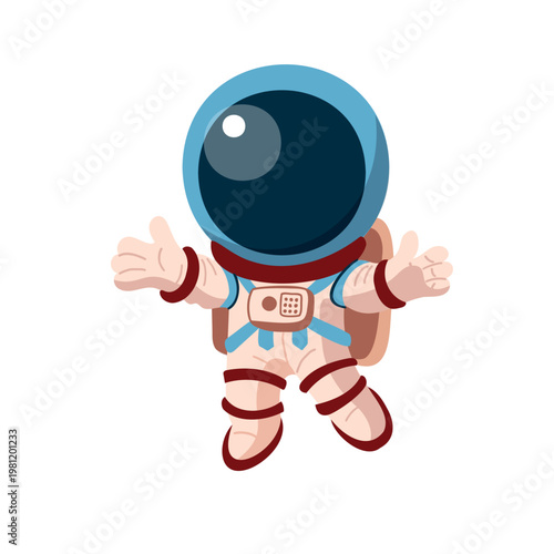 Cute cartoon astronaut with a blue helmet and backpack floating in space with arms open wide expressing joy and excitement