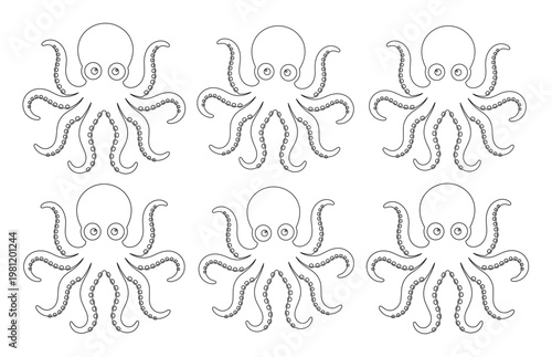 タコ、海の生き物、海洋生物のベクターイラストセット。水生動物、海の生物、水中の世界を表現するシンプルな線画デザイン。海のテーマや水族館のプロジェクトに最適なグラフィック素材。