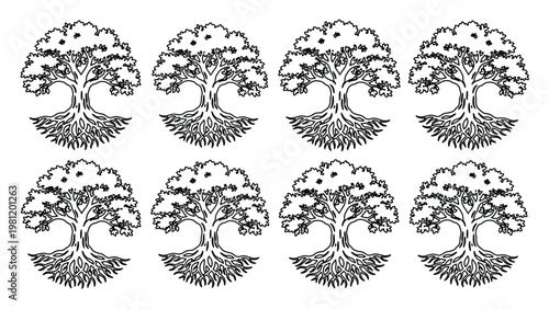 生命の木、力強い根と豊かな葉を持つ8つのシンボルセット。成長、家族、自然を表現するモノクロのベクターイラスト素材。