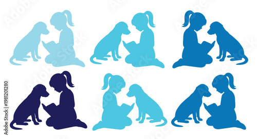 犬と女の子が寄り添い本を読む、心温まるシルエットイラストセット。子供とペットの絆を表現した、青色グラデーションのベクター素材。