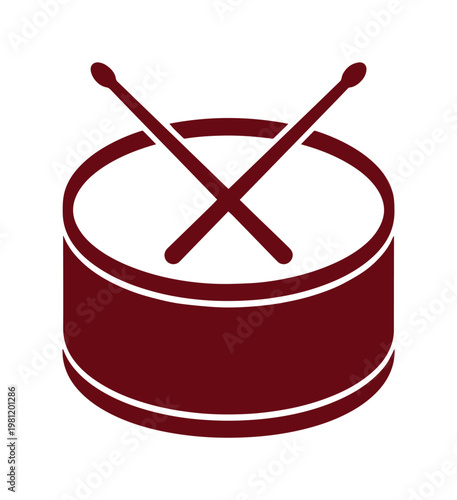 ドラムとドラムスティックのシンプルなベクトルアイコン、音楽とリズムを表現する楽器のシンボル、ウェブサイトやアプリのUIデザインに最適な単色イラスト