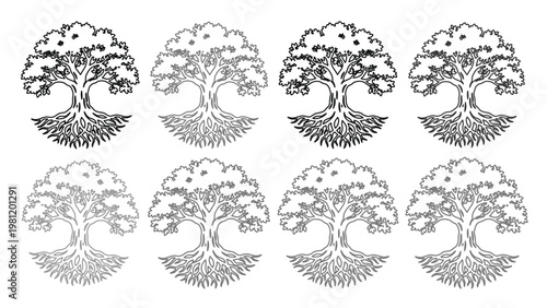 生命の樹ベクターイラストセット、力強い根と豊かな葉を持つモノクロのツリーオブライフ、成長と生命力を象徴するデザイン素材、8種類のスタイル