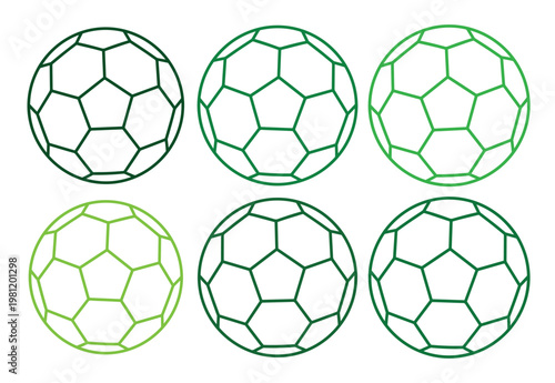 サッカーボールのベクターイラストセット、緑色のグラデーションとアウトラインで表現された6つのフットボールアイコン、スポーツイベントやウェブデザインに最適なコレクション