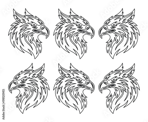 力強いグリフィンの頭部イラストセット、神話上の生き物のエンブレム、ファンタジーアートのベクター素材、ゲームやロゴデザインに最適な6つのグリフィンアイコン