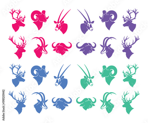 野生動物の頭部シルエットコレクション、雄鹿、オリックス、ヒツジ、バッファローのカラフルなベクターアイコンセット、狩猟や自然をテーマにしたデザインに最適