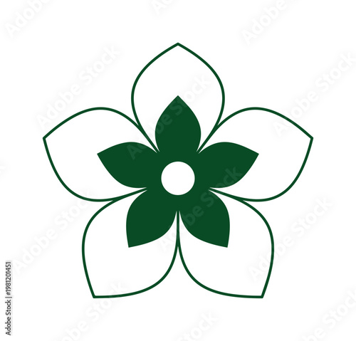 シンプルでミニマルな緑色の五枚花弁の桜の花、春の訪れを告げる美しい花びらのベクターイラスト素材。和風デザインやロゴ、アイコンに最適なエレガントな植物のシンボル。