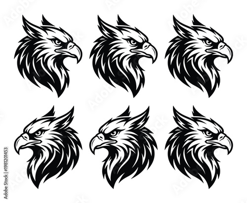 力強く威厳のあるグリフォンの頭部ベクターセット、神話上の生き物のエンブレム、ファンタジーアートのグラフィック素材、タトゥーデザインやロゴに最適な黒と白のイラスト