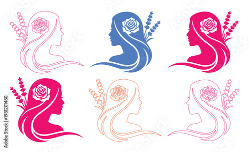女性の横顔とバラ、ラベンダーの美しいシルエットベクターセット。エレガントな女性の美しさ、ヘアケア、アロマセラピーを表現するグラフィック素材。