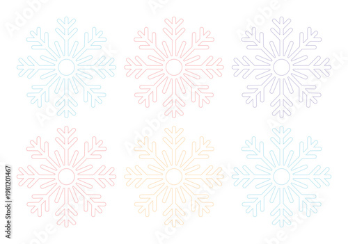 パステルカラーの雪の結晶ベクターセット、冬のホリデーシーズンにぴったりの繊細なデザイン、クリスマスや新年の装飾に使えるグラフィック素材、6種類の美しいスノーフレークコレクション