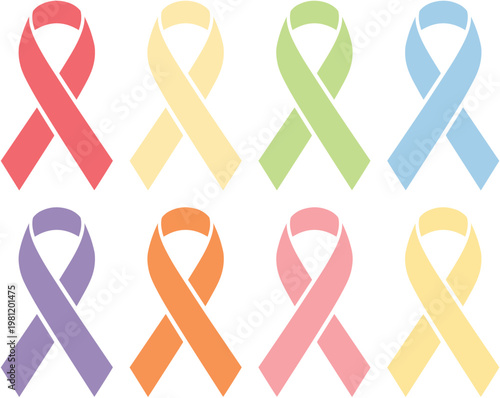 カラフルなリボンが8つ並んだ、意識向上と支援を象徴するベクターイラスト。多様な色合いのリボンが、様々な社会問題やキャンペーンのシンボルとして、啓発活動やイベント告知に活用できるデザイン素材。