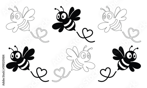 愛らしいミツバチのモノクロベクターイラストセット、ハートの軌跡を描くキュートな蜂のキャラクター、バレンタインや結婚式のデザインに最適な昆虫アイコンコレクション