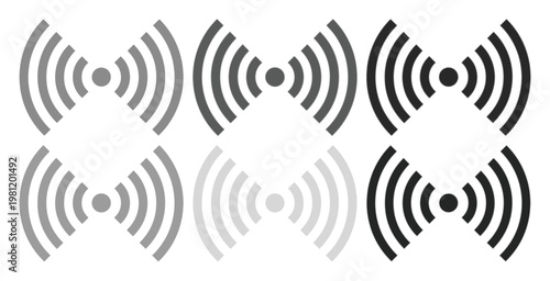Wi-Fi信号と電波のアイコンセット、デジタル通信とワイヤレス接続を示すモノクロのベクターイラスト、ネットワーク技術とインターネット接続のシンボルコレクション