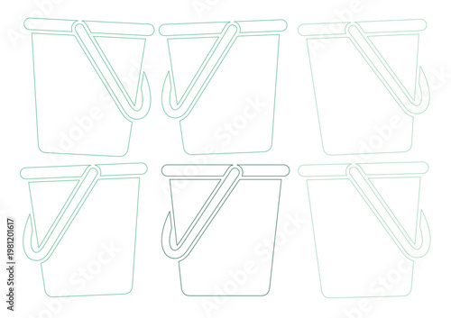 ミニマルな線画のバケツアイコンセット、清潔感のあるシンプルなデザイン、掃除や水汲み、ガーデニング用途に最適なベクター素材、6種類のバケツイラストコレクション
