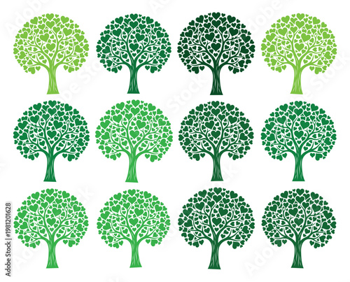ハートの葉で構成された12本の緑豊かな木々、愛と成長を象徴するベクターイラストセット、環境保護や生命のコンセプトデザインに最適