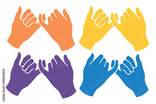 指切りげんまん、友情と約束を象徴するカラフルな手のジェスチャー、信頼と絆を表現するベクターイラストセット、人間関係やコミュニケーションのコンセプトに。