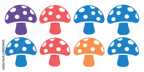 カラフルなドット柄のキノコ8個セット、ファンタジーや森のテーマにぴったりの可愛いベクターイラスト素材、子供向けデザインや装飾に最適
