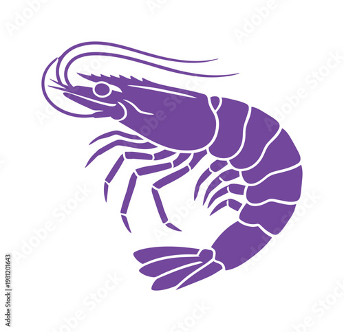 鮮やかな紫色のエビのベクターイラスト、シンプルでモダンな海洋生物のアイコン、水産物やシーフード関連デザインに最適な甲殻類のグラフィック素材