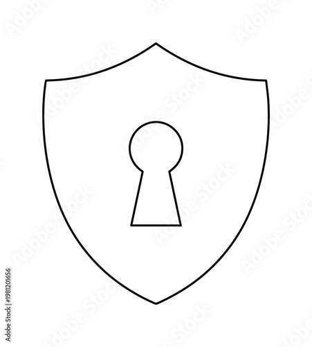 セキュリティとプライバシー保護を象徴する、鍵穴付きのシンプルな盾のアイコン。データ保護、安全なアクセス、デジタルセキュリティの概念を表現するベクターイラスト。