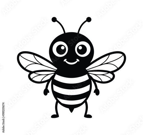 愛らしいミツバチのキャラクター、シンプルな白黒線画の蜂のイラスト、子供向けデザインや教育素材に最適なハチのベクターアイコン