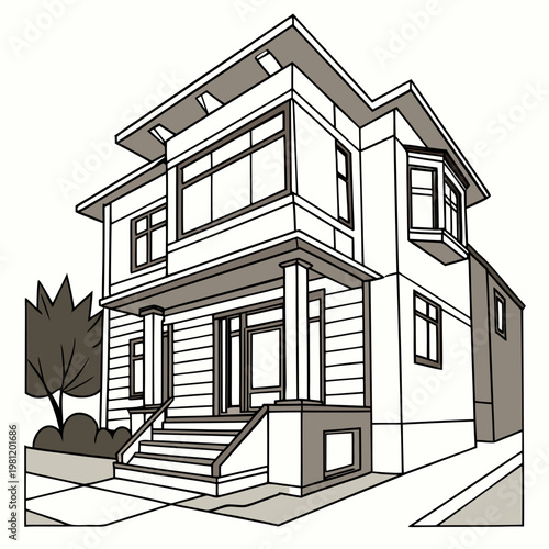 A detailed line drawing depicting a two story house with a front porch architectural details and surrounding shrubbery high quality professional modern