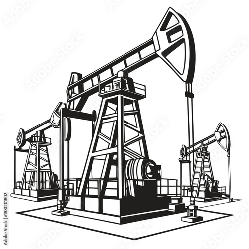 A black and white illustration depicts three oil pumps commonly known as pumping jacks extracting resources from the ground high quality professional