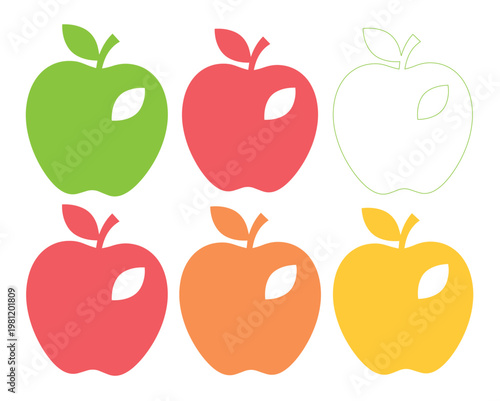 新鮮なリンゴのカラフルなベクターイラストセット、健康的な食事や食品関連デザインに最適な、赤、緑、オレンジ、黄色の果物アイコンコレクション