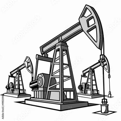 A grayscale illustration depicts three oil pumps commonly known as nodding donkeys extracting resources from the earth s surface high quality professional