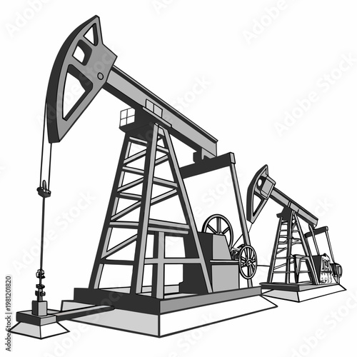 A detailed black and white illustration depicts two oil pumps also known as rocking horses extracting resources from the earth high quality