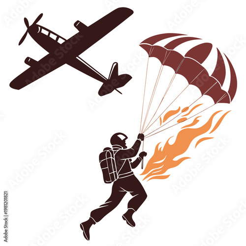 A striking silhouette depicts a skydiver plummeting from an airplane trailed by a vibrant parachute and fiery flames high quality professional detailed